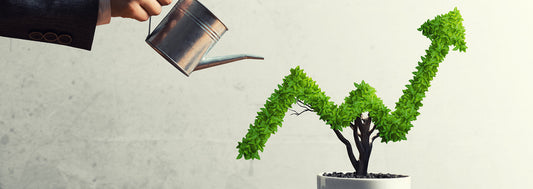 Hand watering a plant growing in the shape of a rising chart