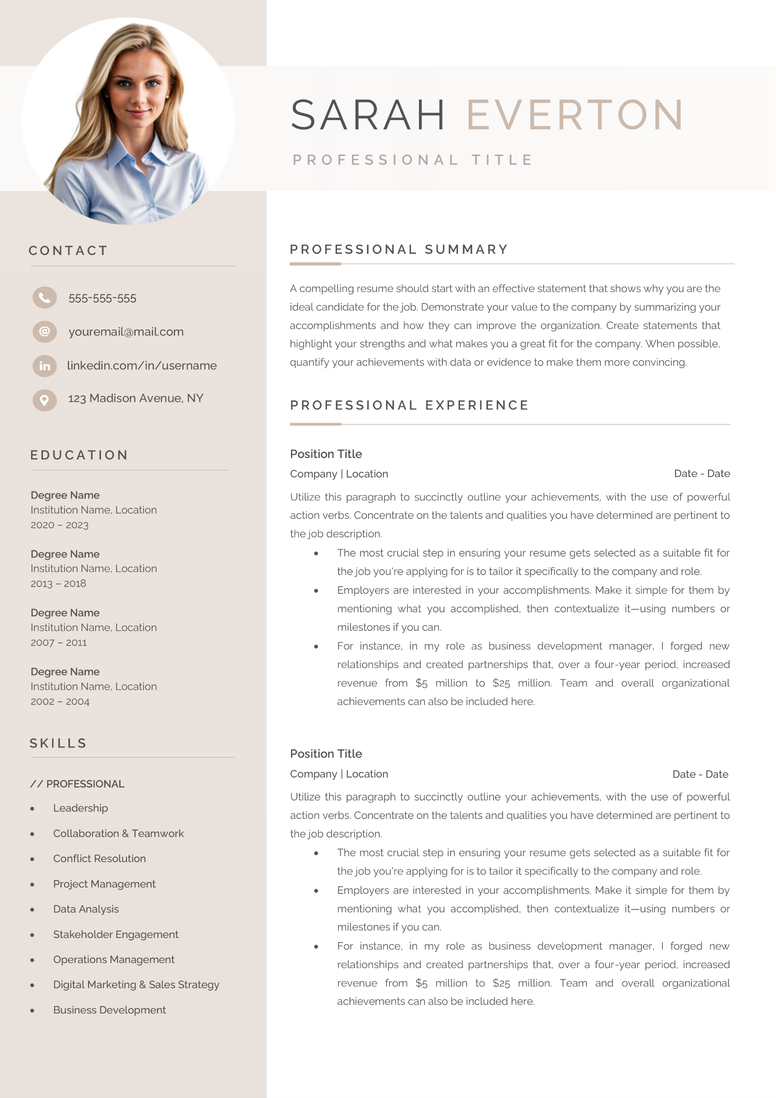 Full CV template page preview