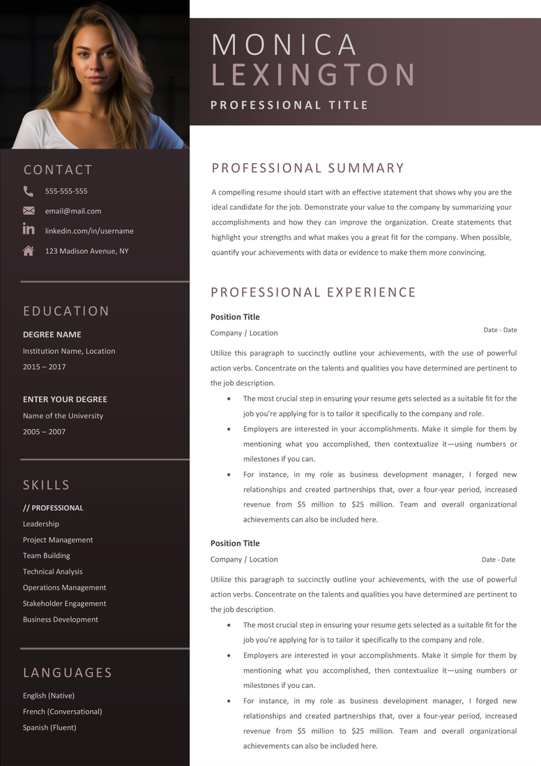 Full CV template page preview