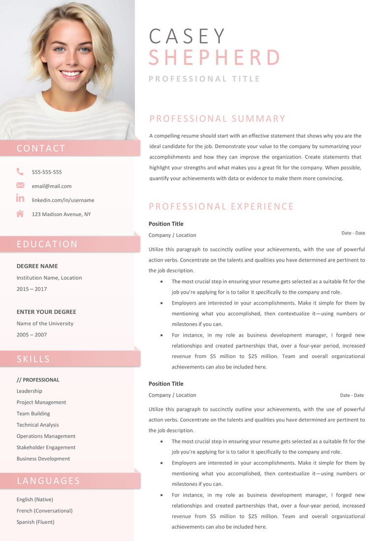 Full CV template page preview