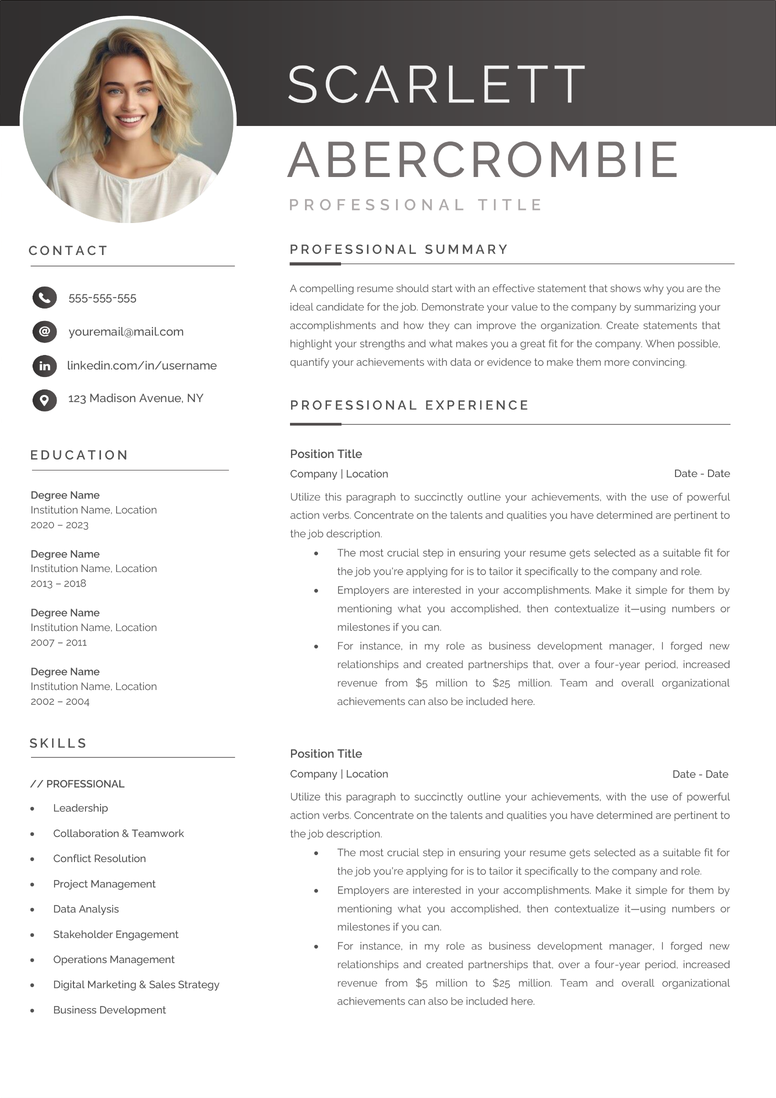Full CV template page preview