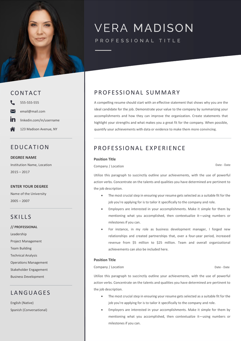 Full CV template page preview