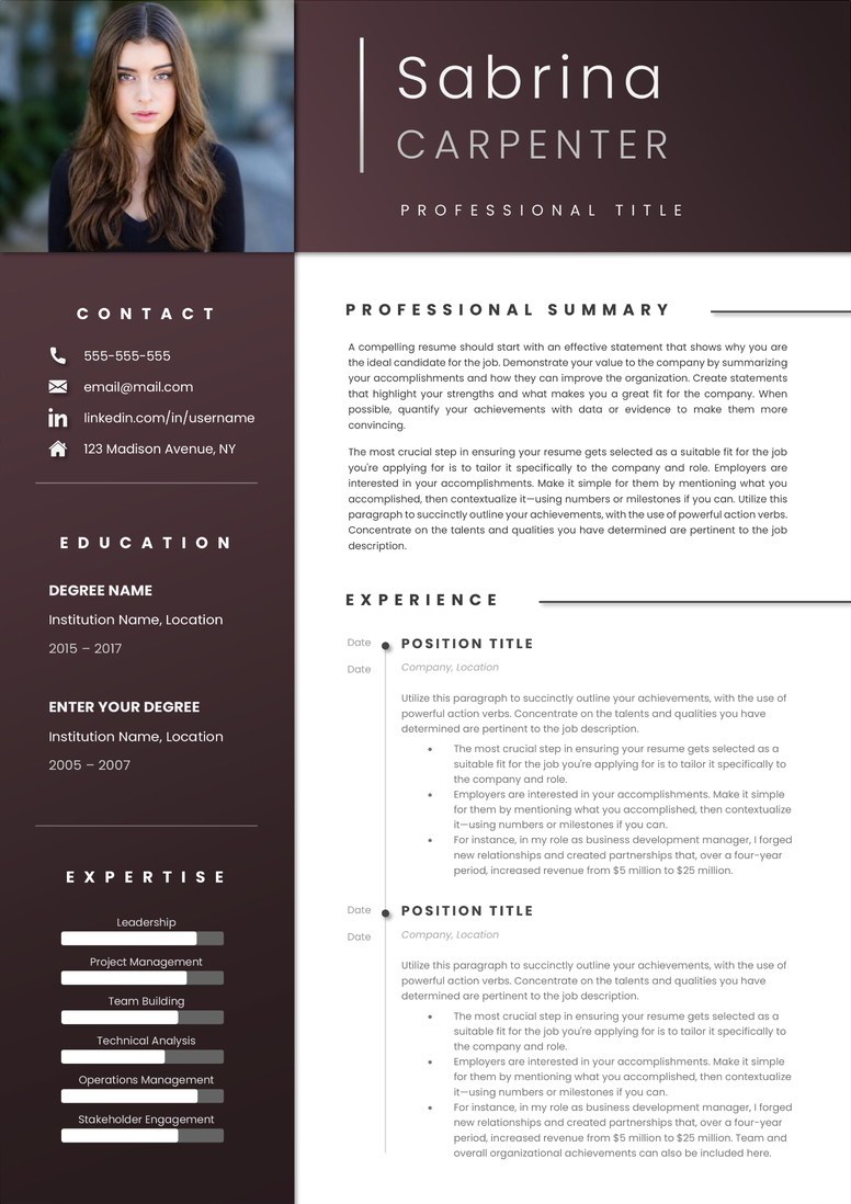 Full CV template page preview