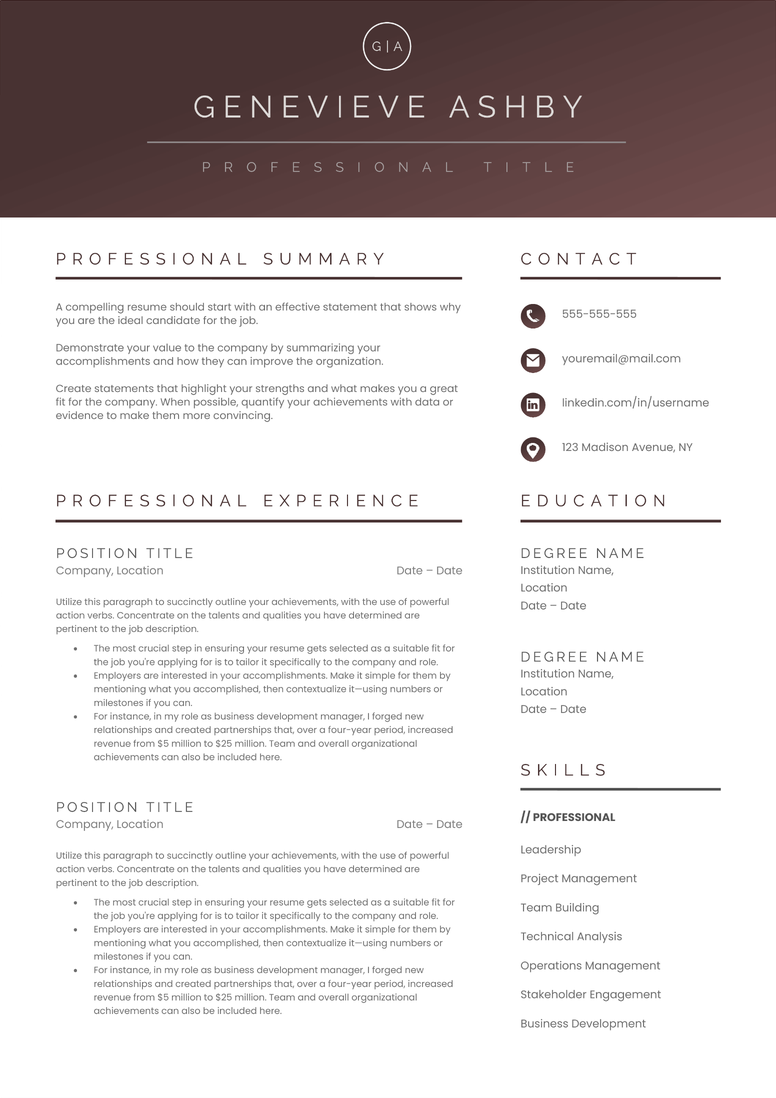 Full CV template page preview