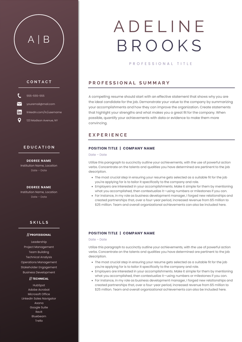 Full CV template page preview
