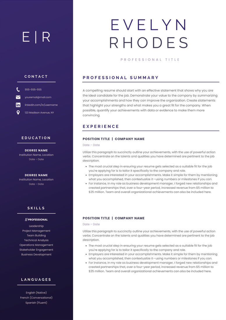 Full CV template page preview