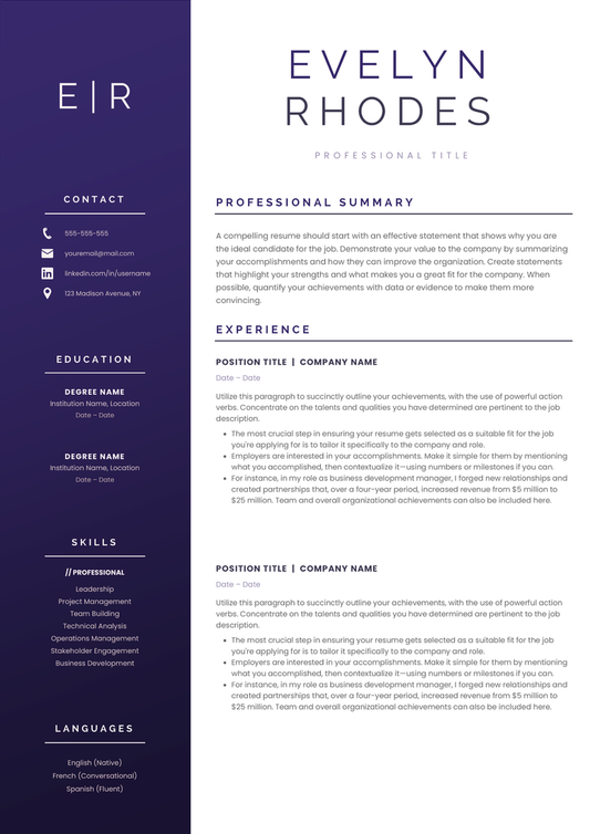 Full CV template page preview