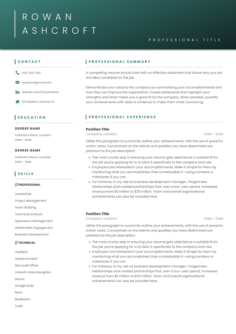 Full CV template page preview