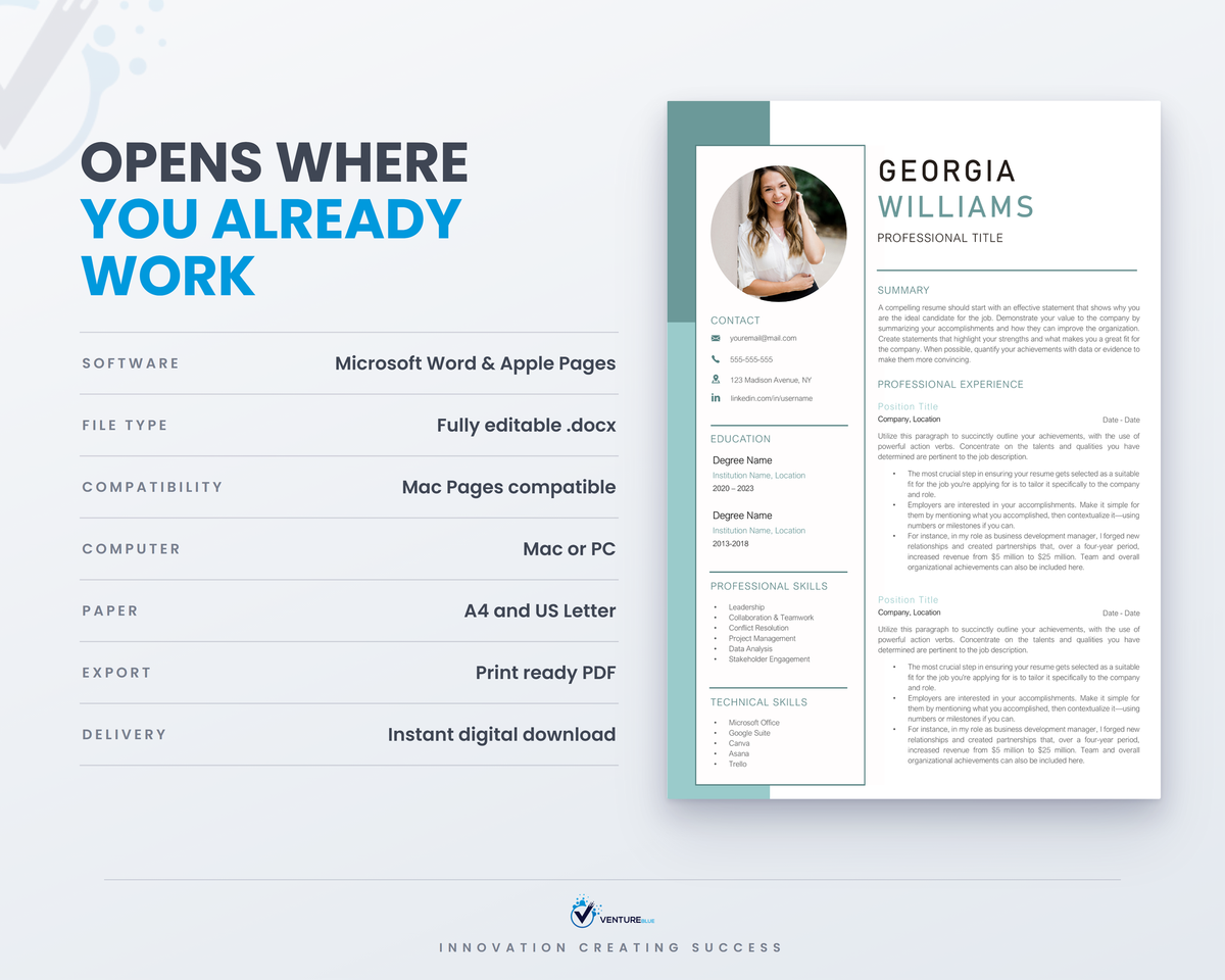 Opens in Microsoft Word and Apple Pages, A4 and US Letter