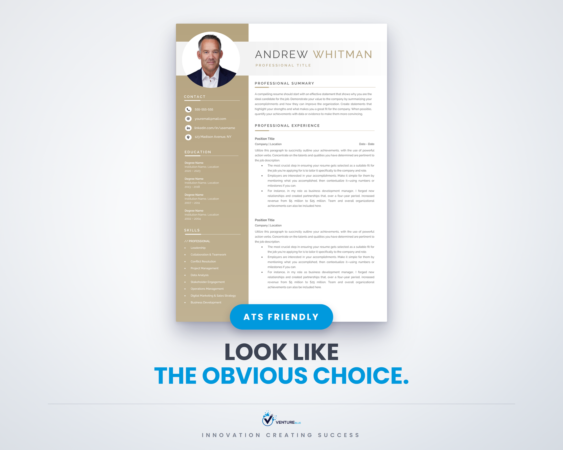 Andrew Whitman CV template hero, ATS friendly resume for Microsoft Word