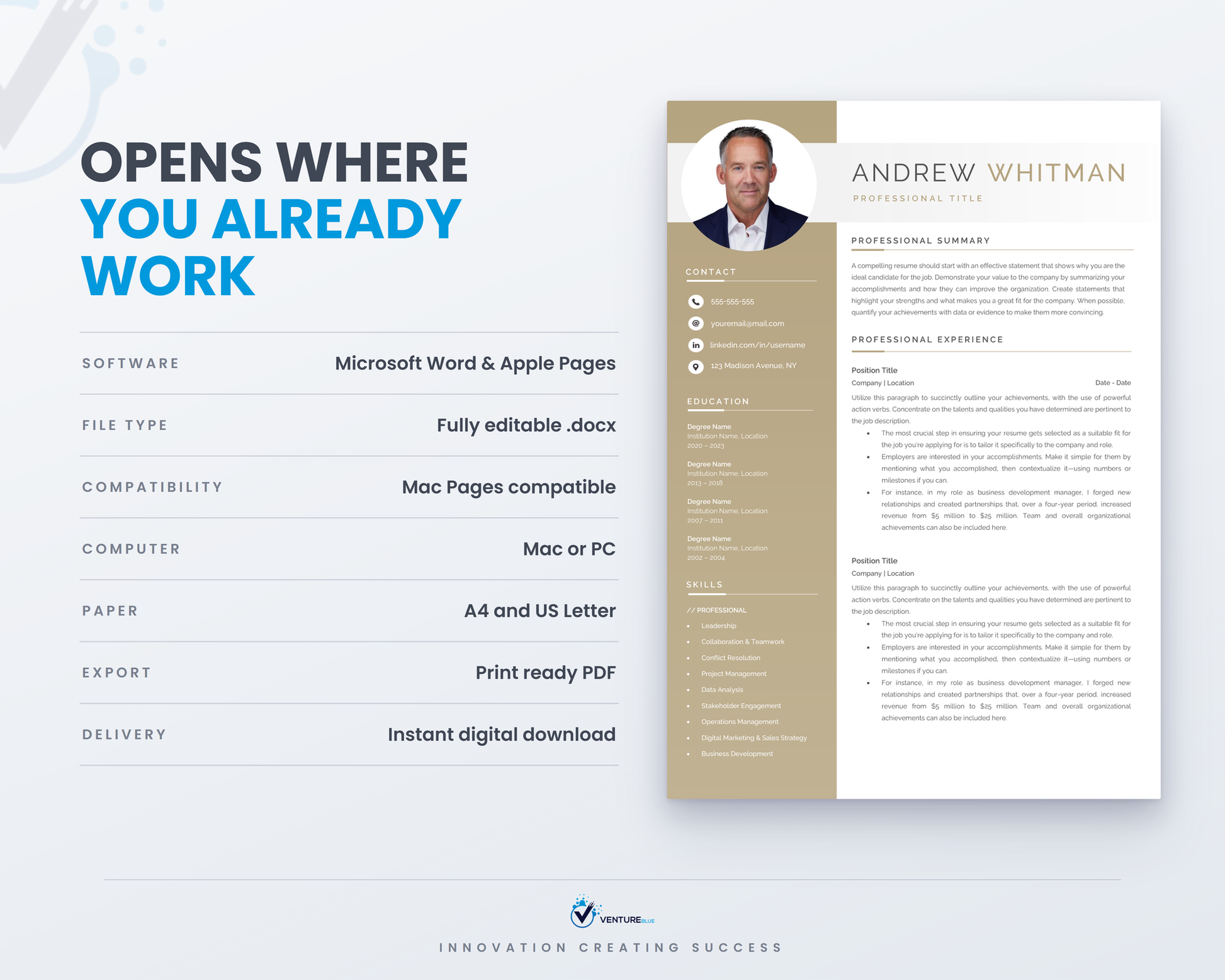 Opens in Microsoft Word and Apple Pages, A4 and US Letter
