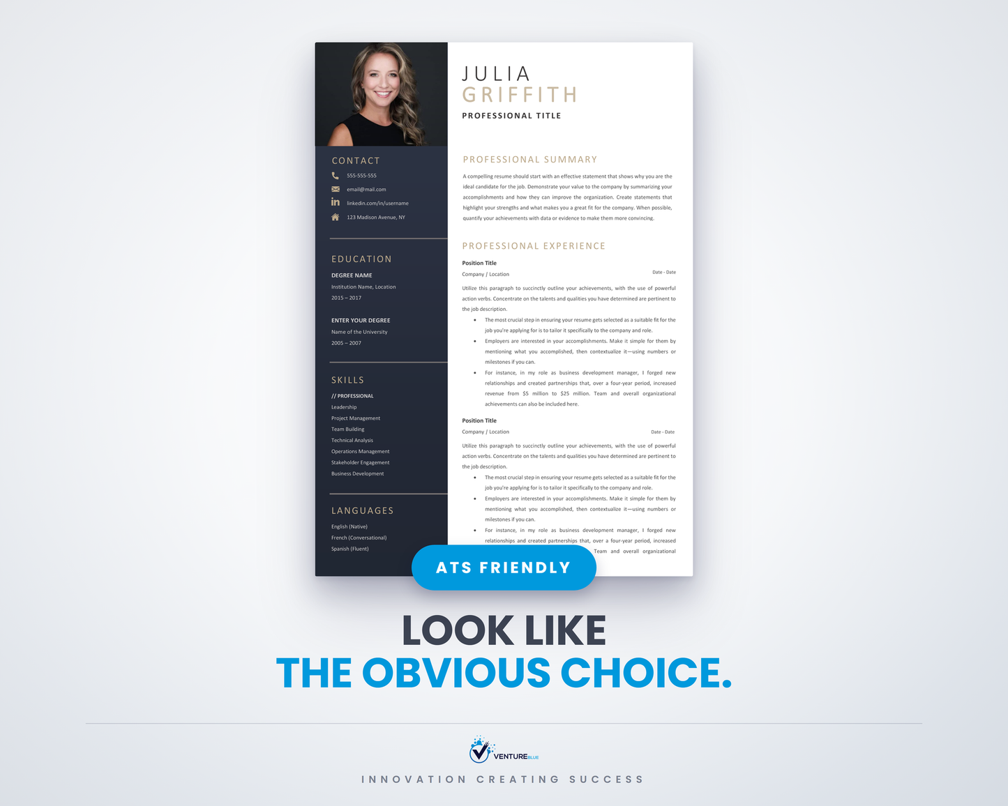Julia Griffith CV template hero, ATS friendly resume for Microsoft Word
