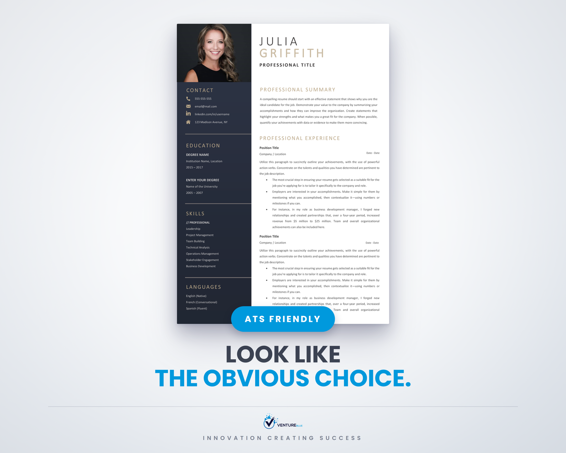 Julia Griffith CV template hero, ATS friendly resume for Microsoft Word