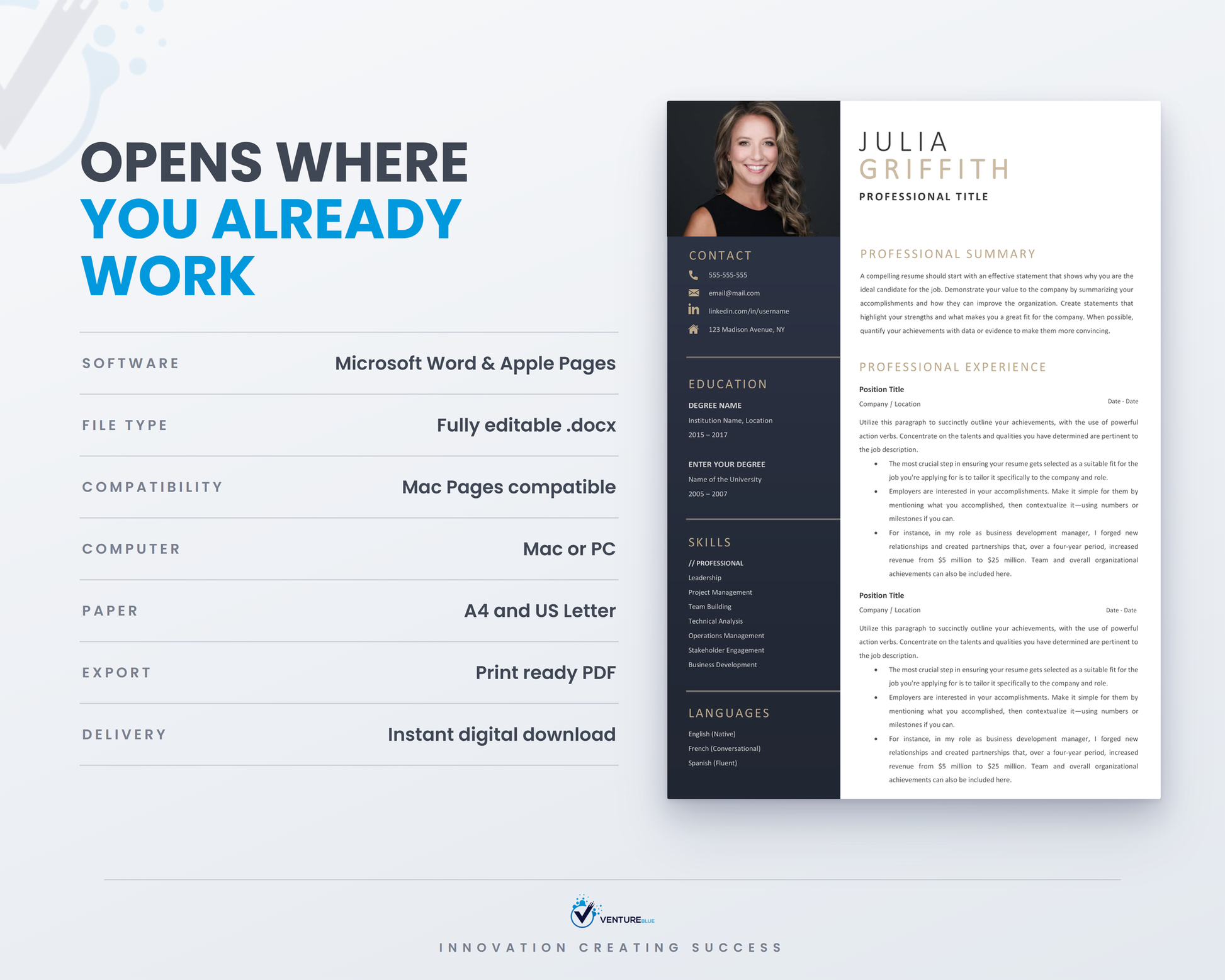 Opens in Microsoft Word and Apple Pages, A4 and US Letter