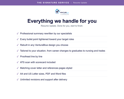 Everything we handle for you in the Resume Update service, summary and bullets rewritten